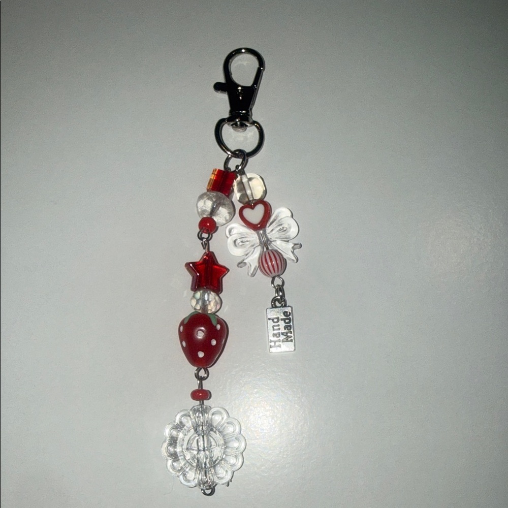 Handmade Red and White strawberry/bow Beaded Keychain